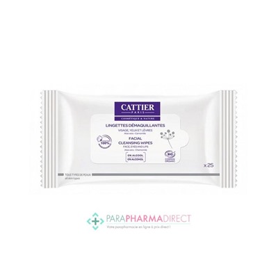 Cattier Lingettes Démaquillantes Visage, Yeux & Lèvres BIO x25 lingettes