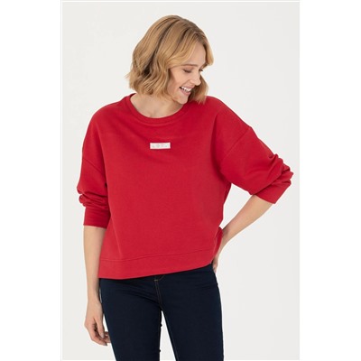 Kadın Kırmızı Bisiklet Yaka Basic Sweatshirt