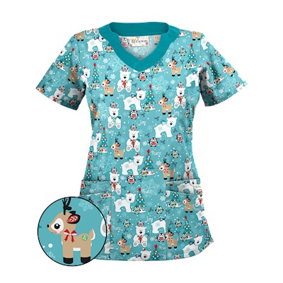UA Antarctic Christmas Amazing Aqua Print Scrub Top