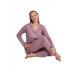 BIES Kadın Pudra Kalp Desen Bambu Gömlek Yaka Önden Düğmeli Mevsimlik Uzun Kol Viskon Pijama Takımı MLN