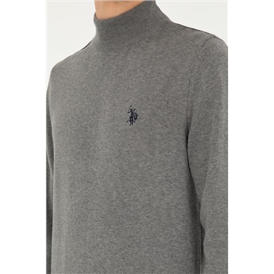 Erkek Slim Fit Yarım Boğazlı Gri Melanj Basic Kazak