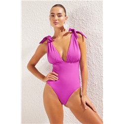 TRENDYOLMİLLA Mor Derin V Yaka Bağlamalı Regular Mayo TBESS25MA00031