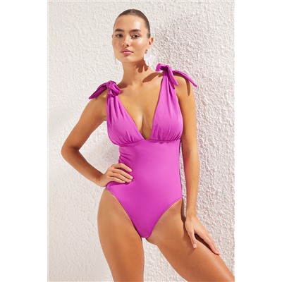 TRENDYOLMİLLA Mor Derin V Yaka Bağlamalı Regular Mayo TBESS25MA00031