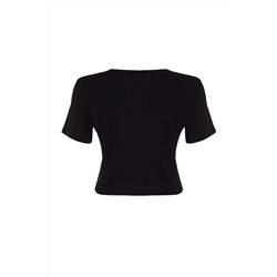 Siyah Crop Bisiklet Yaka Örme Büyük Beden T-Shirt TBBSS22TS2107