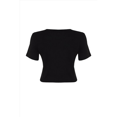 Siyah Crop Bisiklet Yaka Örme Büyük Beden T-Shirt TBBSS22TS2107
