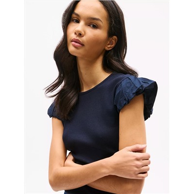 Mixed Media Shirred Cap-Sleeve T-Shirt