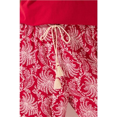 Pantalón largo viscosa estampado hojas rojo