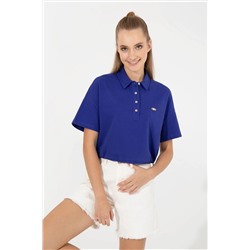 Kadın Mavi Polo Yaka Crop Tişört