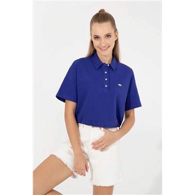 Kadın Mavi Polo Yaka Crop Tişört