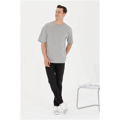 Erkek Gri Melanj Comfort Long Bisiklet Yaka Tişört