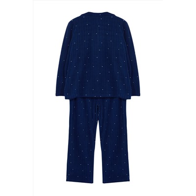 Lacivert Puantiyeli Gömlek Yaka Örme Pijama Takımı TBBAW25AI00035