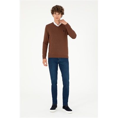 Erkek Slim Fit V Yaka Kahverengi Basic Kazak
