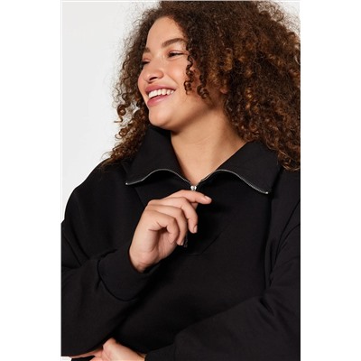 Siyah Kalın İçi Polarlı Fermuarlı Örme Sweatshirt TBBAW24AO00017