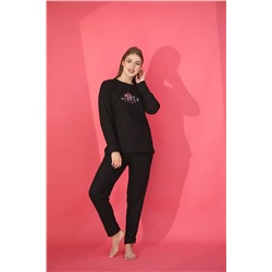 FAMES PİJAMA Siyah Şardonlu Fitilli İnterlok Uzun Kollu Kadın Pijama Takımı fs253