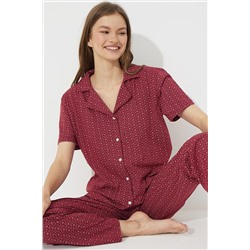Siyah İnci Bordo Kısa Kollu Pamuklu Düğmeli Pijama Takımı 7610