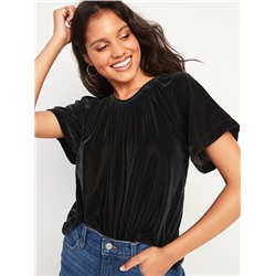 Shirred Velvet Short-Sleeve Top for Women