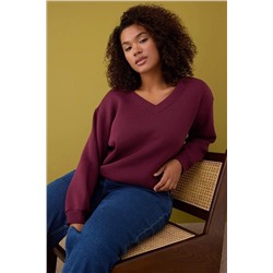 Bordo V Yaka İçi Polarlı Büyük Beden Sweatshirt TBBAW26AO00012