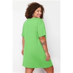 Yeşil Bisiklet Yaka slogan Baskılı %100 Pamuk Örme Büyük Beden T-shirt Elbise TBBSS23AH00162