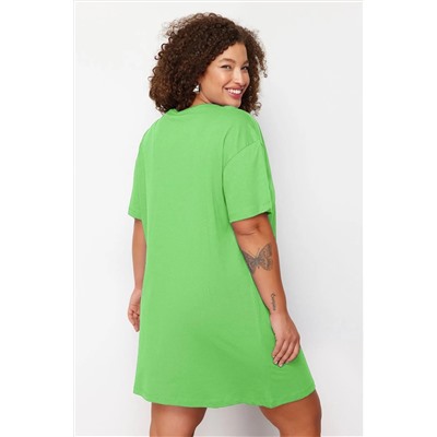 Yeşil Bisiklet Yaka slogan Baskılı %100 Pamuk Örme Büyük Beden T-shirt Elbise TBBSS23AH00162