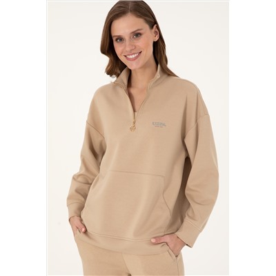 Kadın Kum Dik Yaka Fermuarlı Sweatshirt