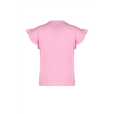 Pembe Bisiklet Yaka Kolları Fırfırlı %100 Pamuk Örme T-Shirt TBBSS23BF00006