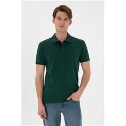 Erkek Slim Fit Polo Yaka Koyu Yeşil Basic Tişört