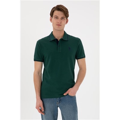 Erkek Slim Fit Polo Yaka Koyu Yeşil Basic Tişört