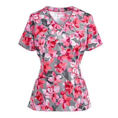 White Cross Scrubs Coral Bloom Print Top