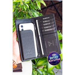 Garbalia, Unisex Siyah Rome Hakiki Deri Cep Telefonu Bölmeli  Cüzdan