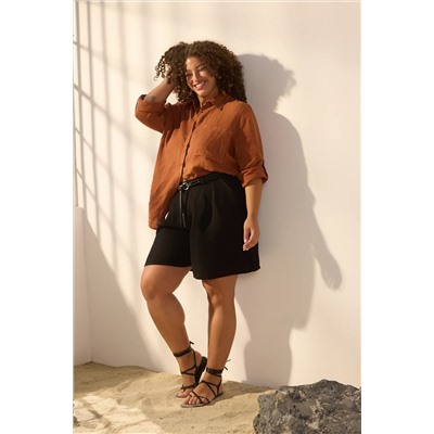 Siyah %100 Keten Dokuma Şort & Bermuda TBBSS25AP00038