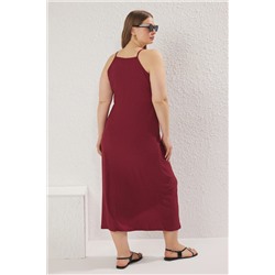 Bordo Halter Yaka Bürümcük Dokulu Kumaş Maxi Boy Örme Büyük Beden Elbise TBBSS25AH00006