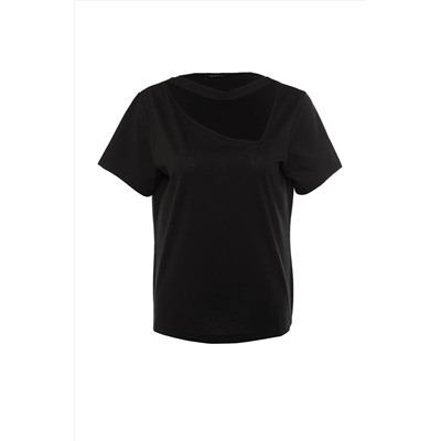 Siyah Pencere/Cut Out Detaylı %100 Pamuk Örme T-Shirt TBBSS22BF00001