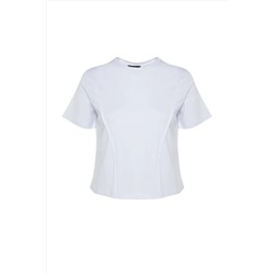 Beyaz Regular Bisiklet Yaka Dikiş Detaylı %100 Pamuk Örme Crop Büyük Beden T-Shirt TBBSS23BF00037