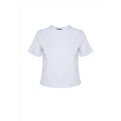 Beyaz Regular Bisiklet Yaka Dikiş Detaylı %100 Pamuk Örme Crop Büyük Beden T-Shirt TBBSS23BF00037