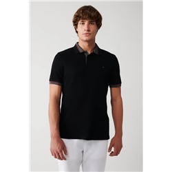 Avva, Erkek Siyah Yakası Çizgili %100 Pamuk 2 Düğmeli Polo Yaka T-shirt E001036