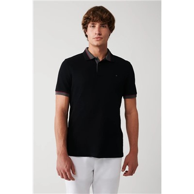 Avva, Erkek Siyah Yakası Çizgili %100 Pamuk 2 Düğmeli Polo Yaka T-shirt E001036