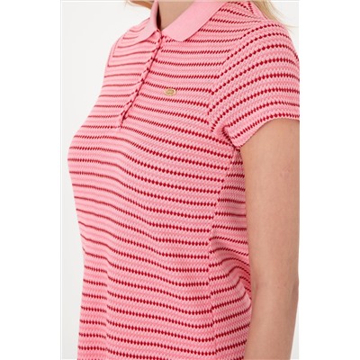Kadın Pembe Çizgili Polo Yaka Mini Boy Örme Elbise