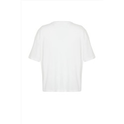 Ekru Unisex Oversize Rahat %100 Pamuklu Couple Örme T-Shirt TBBSS24BF00033