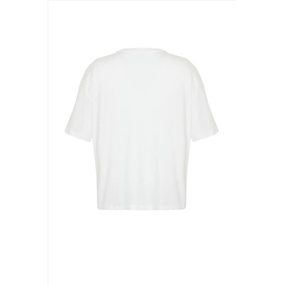 Ekru Unisex Oversize Rahat %100 Pamuklu Couple Örme T-Shirt TBBSS24BF00033