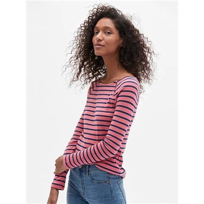 Favorite Stripe Long Sleeve Button-Shoulder T-Shirt