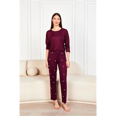 Ecrou Kadın Mürdüm Ay Yıldız Cepli Tişört 2li Takım 7606 Pijama Takımı MM0016240