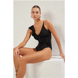 Trendyolmilla Siyah Tek Omuz Volanlı Regular Mayo TBESS25MA00029
