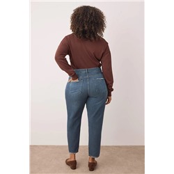 Mavi Yüksel Bel Paçaı Destroy Detaylı Mom Fit Denim Büyük Beden Jean TBBAW26CJ00010