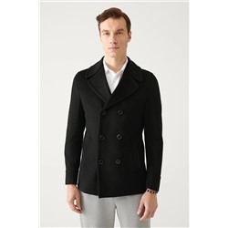 Avva Erkek Siyah Kruvaze Yaka Yünlü Kaşe Comfort Fit Rahat Kesim Mont A22y6101 A22Y6101