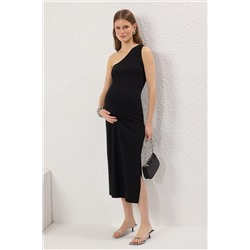 Trendyol Curve Siyah Tek Omuz Aksesuar Detaylı Örme Hamile Elbise TBBSS25AH00180
