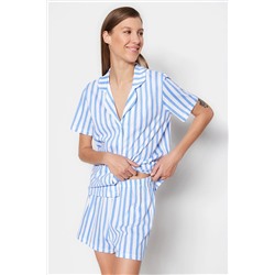 TRENDYOLMİLLA Lacivert %100 Pamuk Çizgili Gömlek-Şort Örme Pijama Takımı THMSS23PT00020