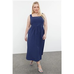 Indigo Kare Yaka Belden Açılan Lastik Gipeli Midi Dokuma Büyük Beden Elbise TBBSS24AH00208
