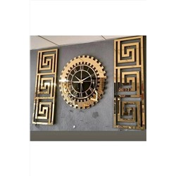 EYKA STORE Xl Dekoratif 3 Lü Set Pleksi Gold Aynalı 3d Kabartmalı El Boyaması Duvar Saati Ve Dekoru. Büyük Boy Eykspltgldxl