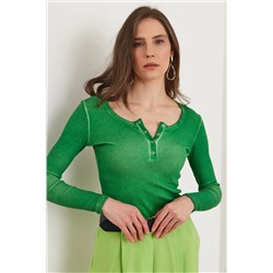 Olalook Kadın Yıkamalı Yeşil Patlı Kaşkorse Bluz BLZ-19000588
