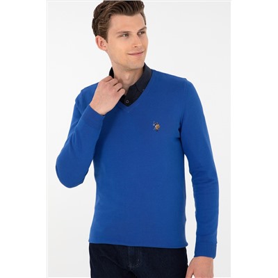 Erkek Slim Fit V Yaka Saks Basic Kazak